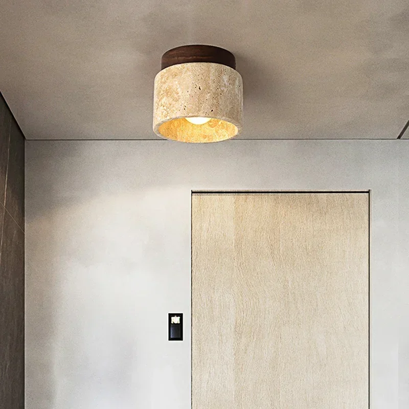 Żółta trawertynowa lampa sufitowa japoński drewniany styl Wabi-sabi Retro średniowieczny kremowy przedpokój balkon korytarz elegancka dekoracja