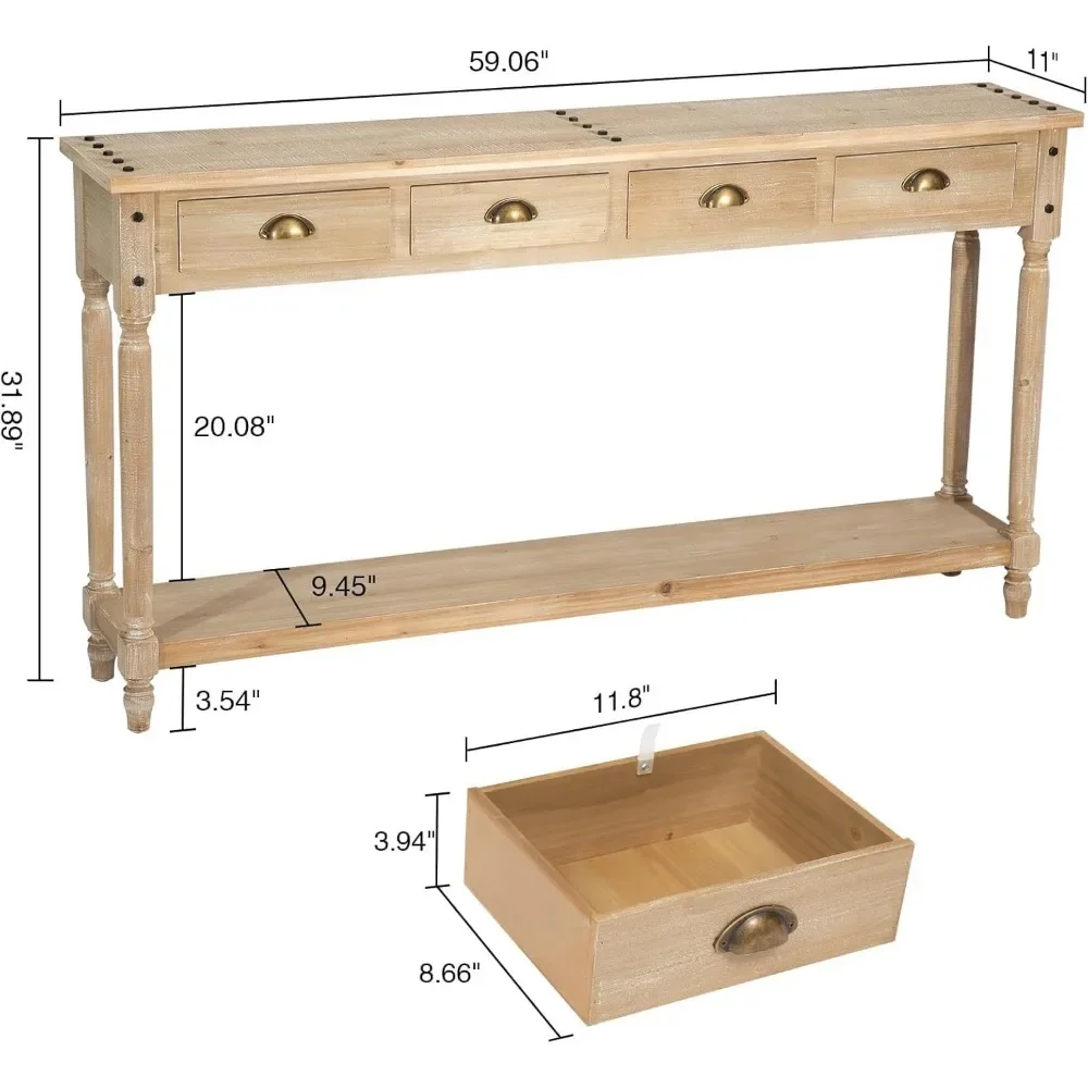 Mesa consola de granja con 4 cajones, mesa de vestíbulo para sofá bohemio estrecha de 60" de largo con gran espacio de almacenamiento, marco de madera maciza