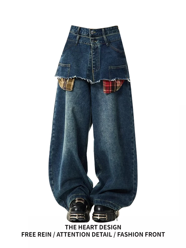 

American Retro High Waist Wide Leg Jeans Women's Spring 2025 Loose Fit Slimming Straight Cut Denim Pants with Frayed s