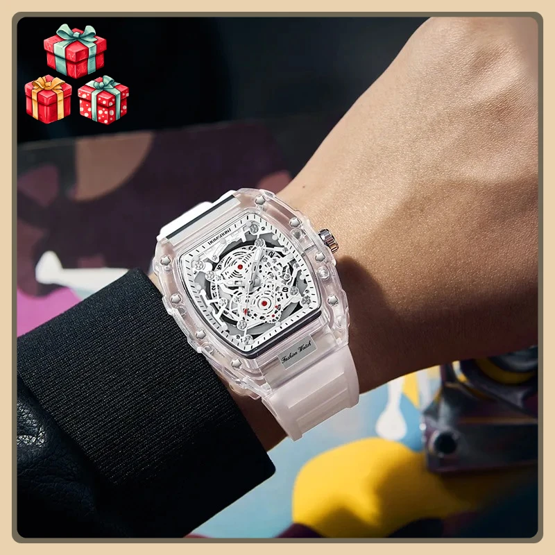 

Модные * Пара часов Светящийся календарь Силиконовый ремешок Tonneau Прозрачный корпус Кварцевые часы для мужчин и женщин