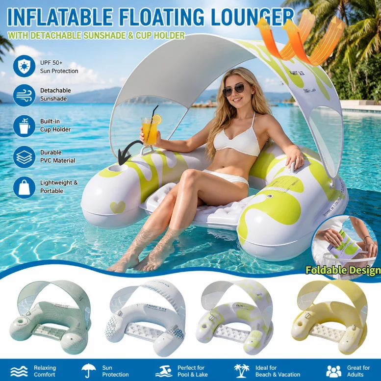 Inflatable Floating Pool Lounger Chair Water Float Mattress Portable Foldable Recliner with Sunshade & Cup Holder for Beach