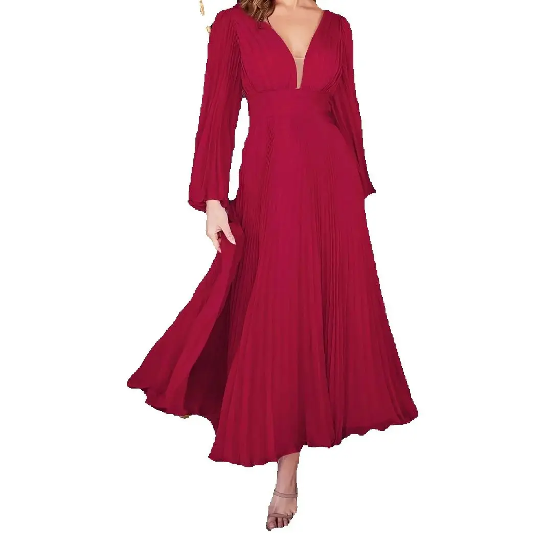 

Elegant Double V-neck Chiffon Pleated Long Dress With Long Flare Sleeves