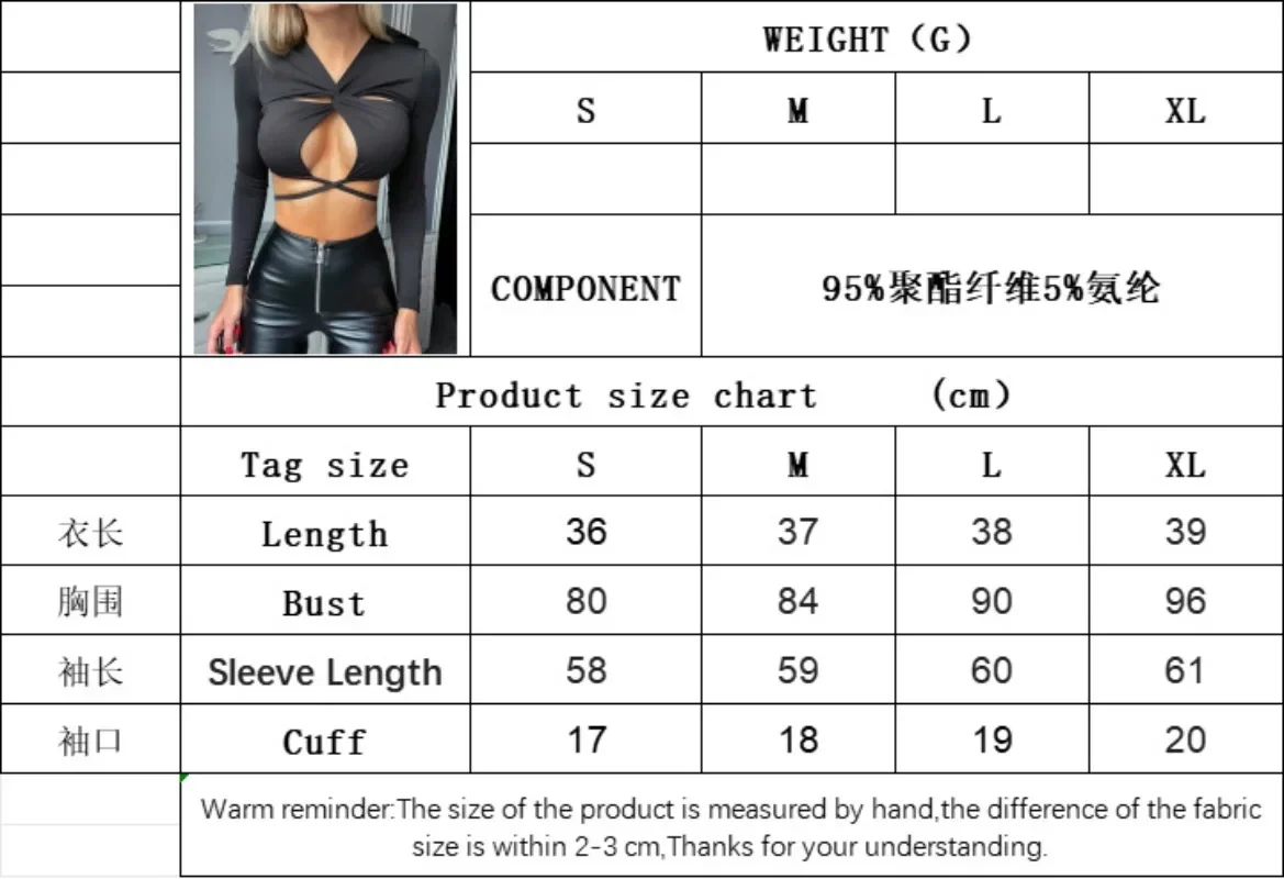 Personalized Design Sense Clothing Women's Short V-neck T-shirt Autumn Sexy Hollow Fit Cross Tie Pullover Long Sleeved Top YSQ31