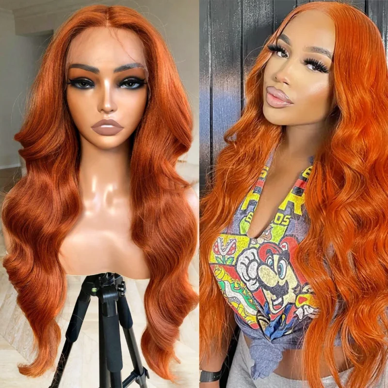 Peluca de Cabello Humano con Frente de Encaje 13x4, Color Jengibre, Pre-Depilada, 350 # Pelucas de Cabello Humano con Ondas Corporales Color Naranja, sin Pegamento, para Mujer
