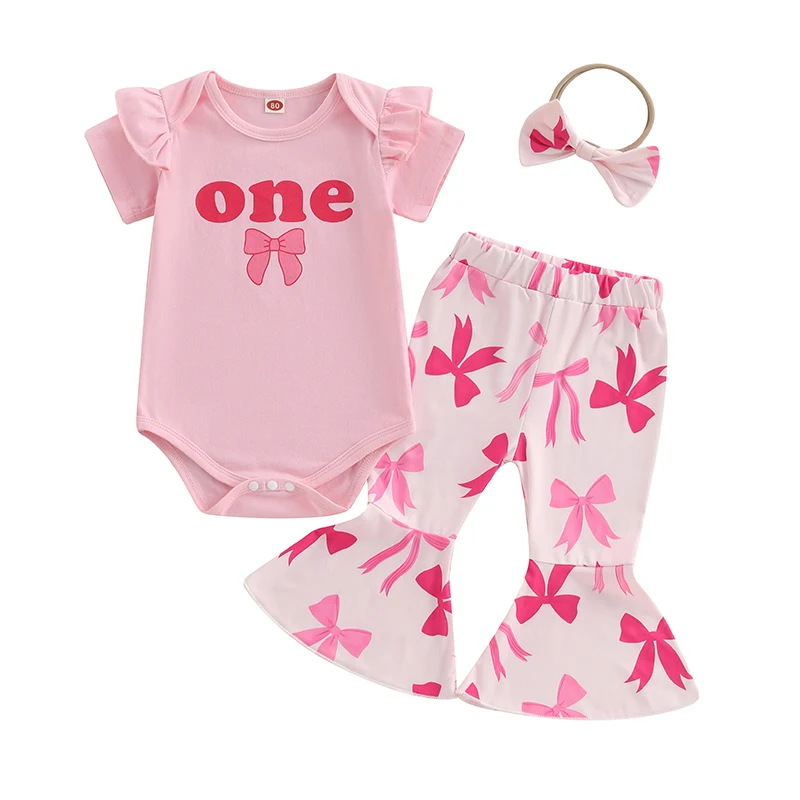 

Baby Girl Birthday Outfits Letter Bow Print Short Sleeve Romper Flare Pants Headband 3Pcs Clothes Set