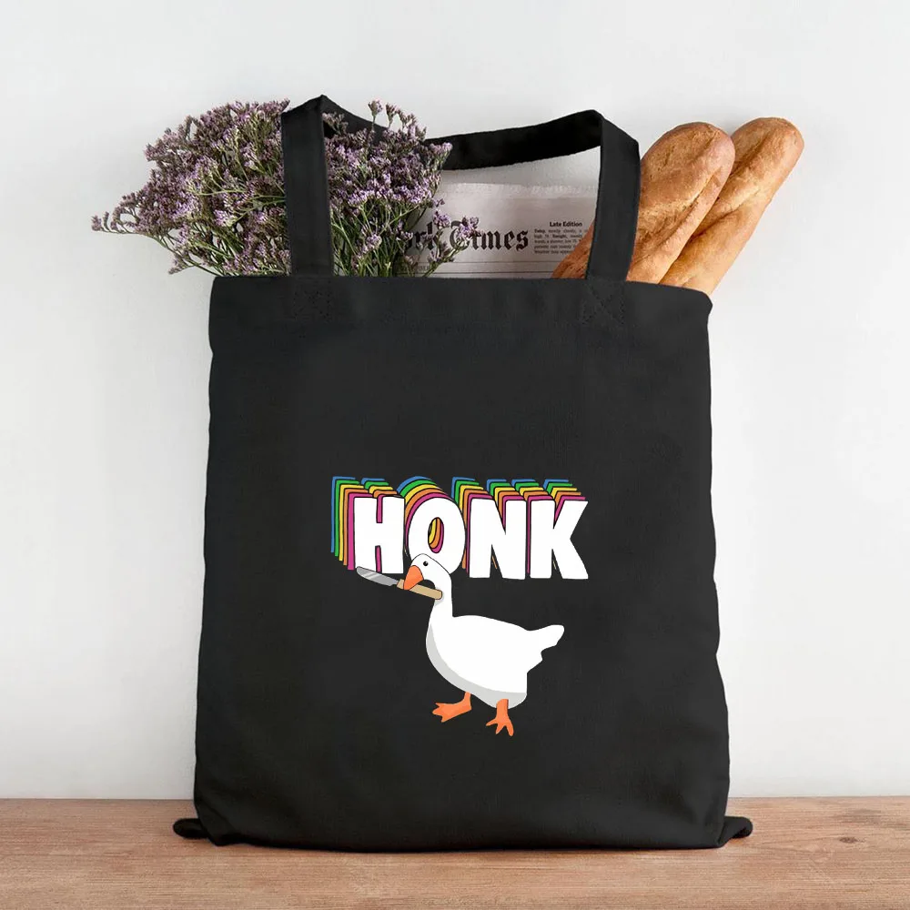 Funny Honk Untitled Goose Game Frog Pingu Duck Cute Cartoon Girl Women Canvas Shoulder Shopping Book Cotton Handbag Eco Tote Bag