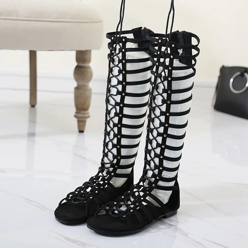 Women Sandals Strappy Open toe Knee High Summer Gladiator Flat Sandals Roman Bandage Casual Boots shoeskf65