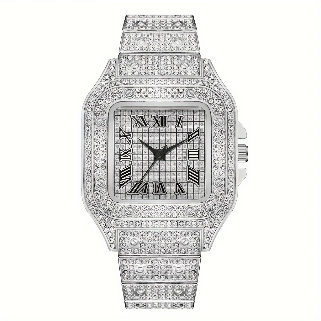 Men\'s Fashion Hip Hop Rhinestone Steel Band Quartz Watch