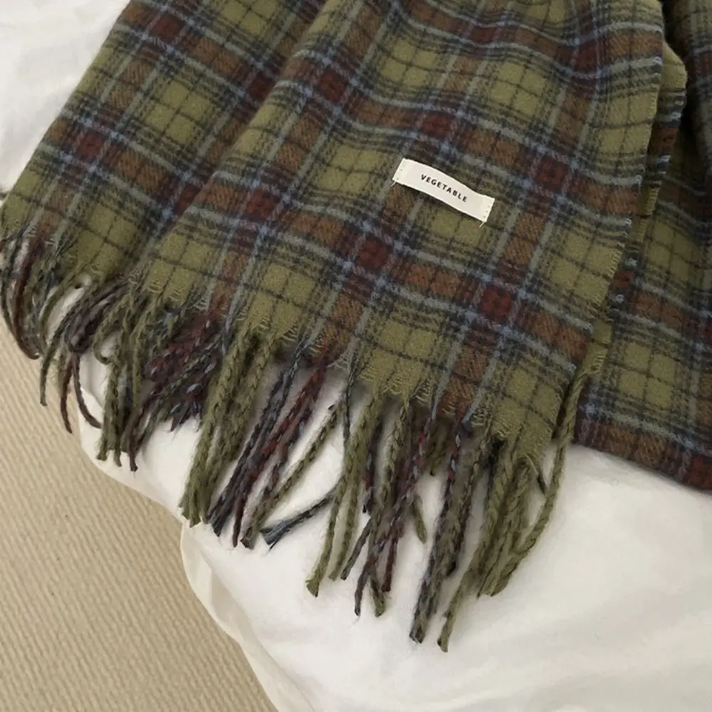 Klassieke kwastje geruite wollen sjaal Retro groene pluche lange sjaal Kasjmier sjaal Koreaanse stijl sjaals Winter kasjmier sjaals Student