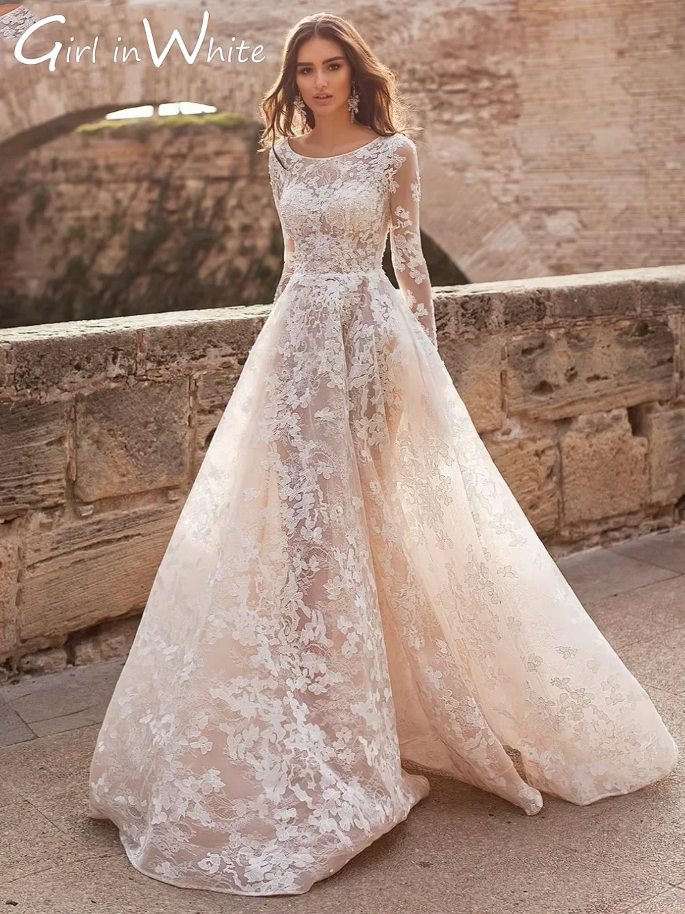 

O-neck Long Sleeve Wedding Dress Classic Lace Appliques Bride Robe A-Line 2025 Elegant Bridal Gown Customized Robe De Mariée