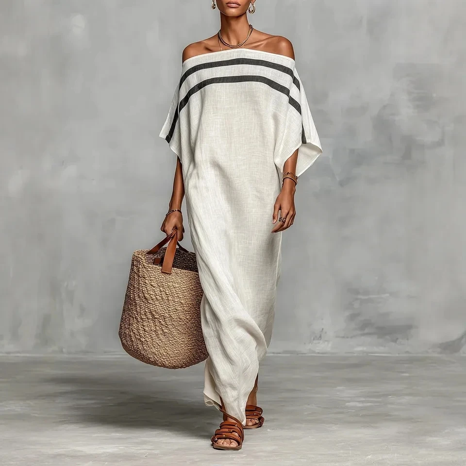 

2026 Spring New Loose Stripes Off Shoulder Long Dress Women Summer Casual Temperament Simple Dress Outfit