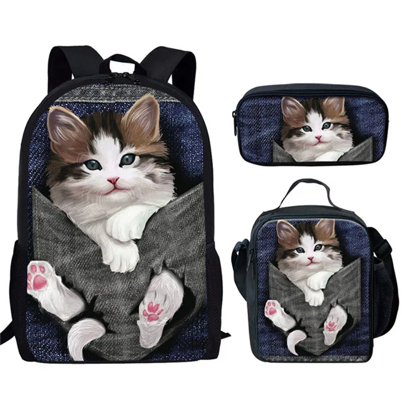 Tas sekolah motif kucing lucu 3 buah, Set tas sekolah untuk anak laki-laki dan perempuan, tas buku anak-anak, tas makan siang, tas pensil, ransel kasual harian Remaja