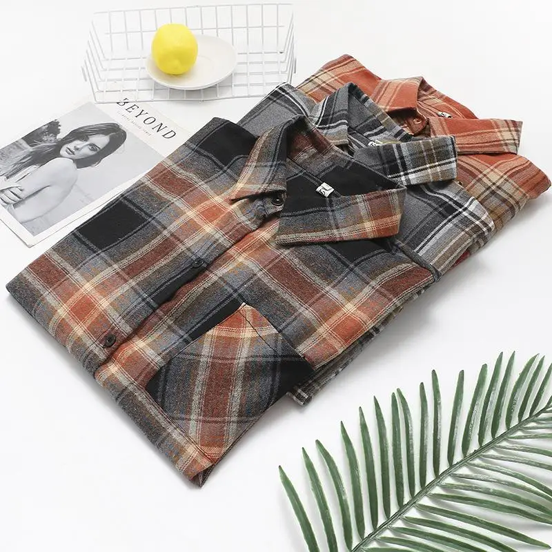 Womens Plus Size Shirts Casual Clothing Autumn Winter Contrast Color Plaid Vintage Casual Long Sleeve Cotton Blouses