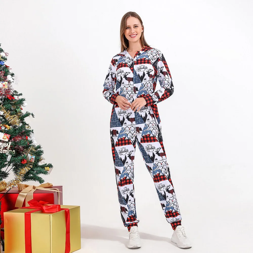 Christmas Family Matching Outfits Set Cartoon Elk Plaid Printed Pajamas Hooded Adult Kids Family Sleepwear Xmas Clothes Suit