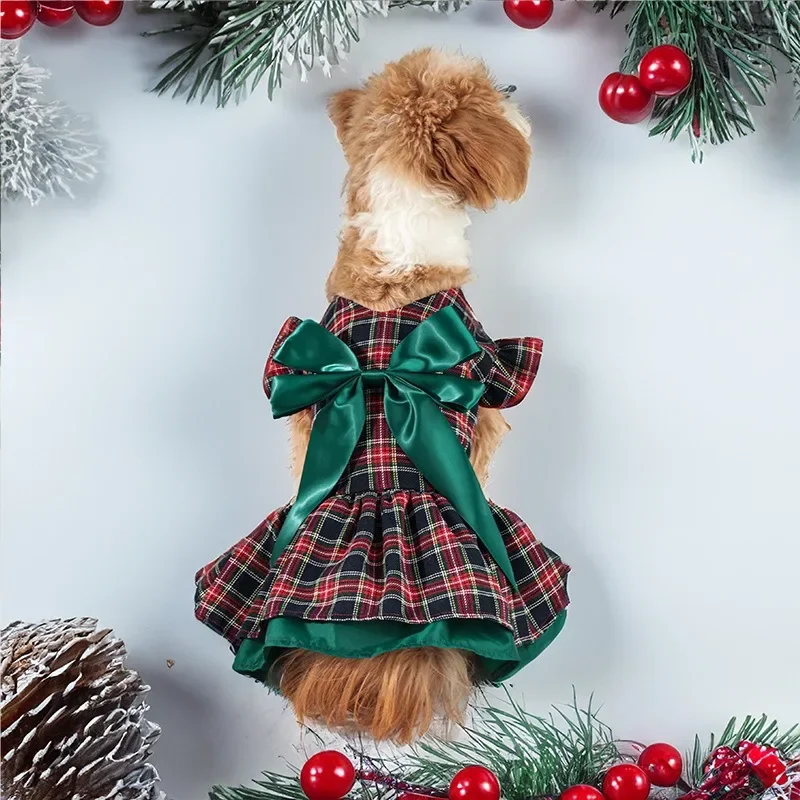 Christmas Dog Clothes Classic Checkered Long Skirt Bow Christmas Party Dress Up Pet Clothing Dog Dresses for Small Dogs