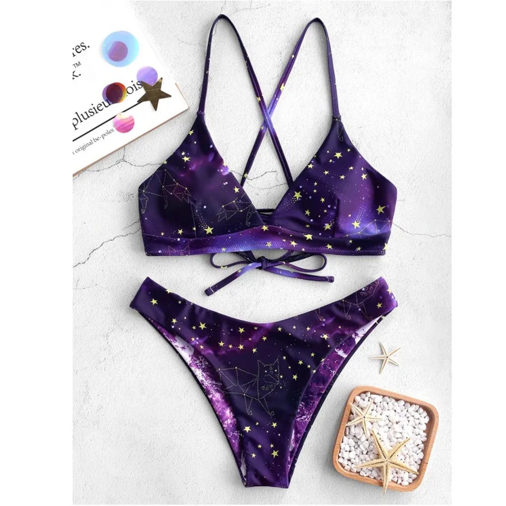 Women Swimsuit Sexy Suspender Star Gradual Printed Bikini Pure-Color Sexy Bkini Beach Swimwear Swiming Bathing Suit Tankini