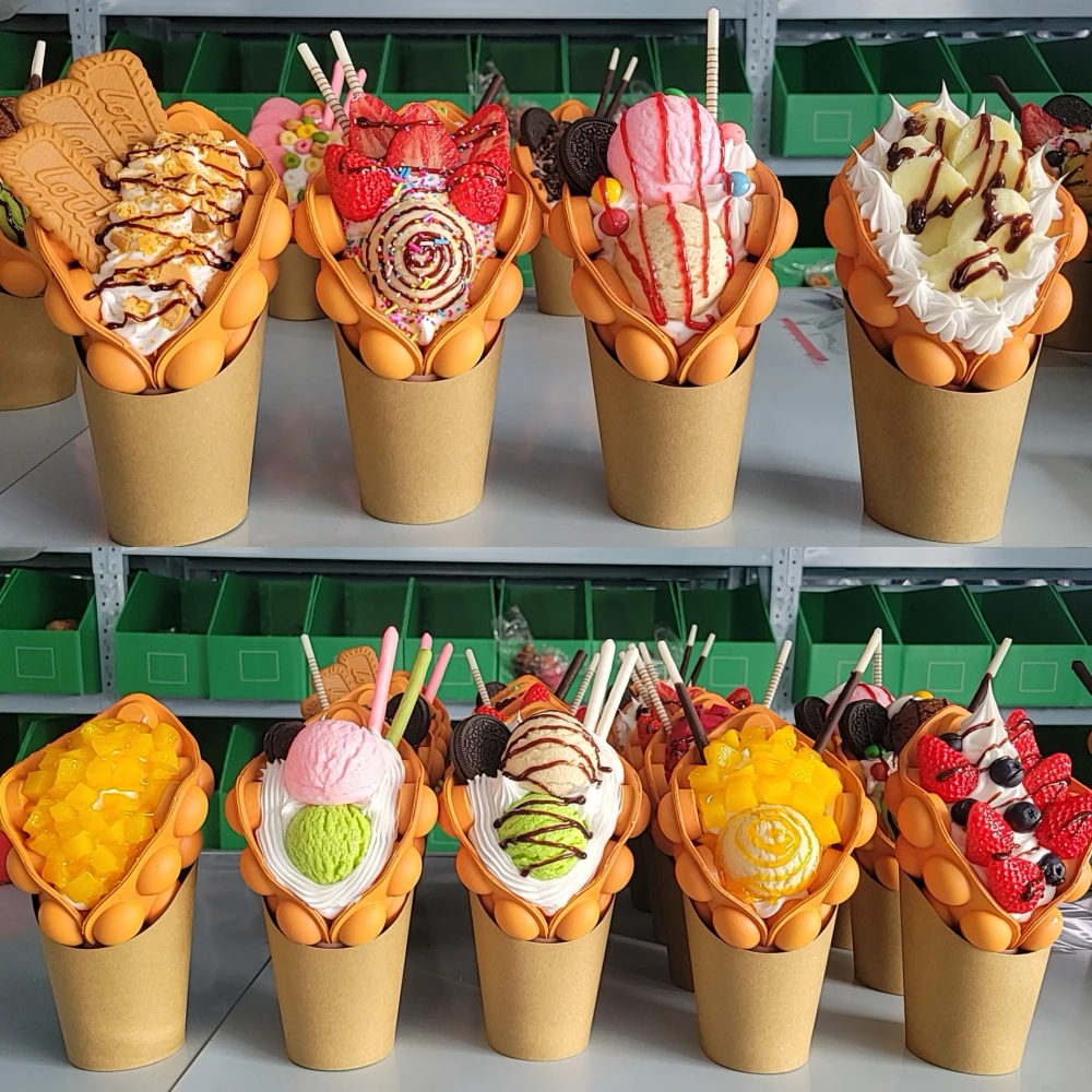 Fruits Bubble Waffle Model Ice Cream Order Display Sample Decoration Artificial Plastic Street Snacks Long Life Whipped Cream