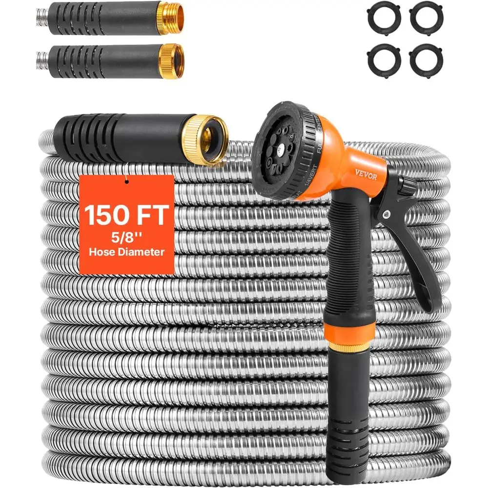 

Heavy-Duty 150ft Stainless Steel Garden Hose with 10-Function Nozzle, Kink-Free and Flexible for Outdoor Use