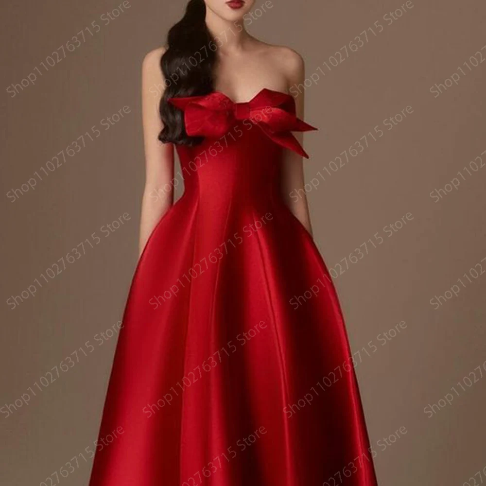 Elegant Long Burgundy Evening Dresses for Women Strapless Tea-Length A-Line Prom Party Wedding Gala Special Events Dress 2024