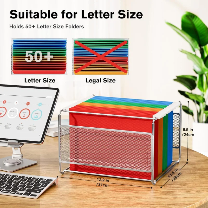 Hanging File Folder Organizer, Metal Mesh Desk Storage Letter Size Files, Filing Crate Frame Office, Home, School, Silv