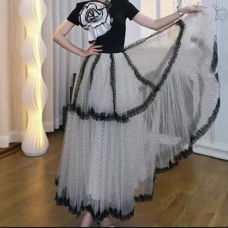 Lace-Patched Polka Dot Double-Layer Midi Skirt for Women, 2025 Summer Lazy Chic