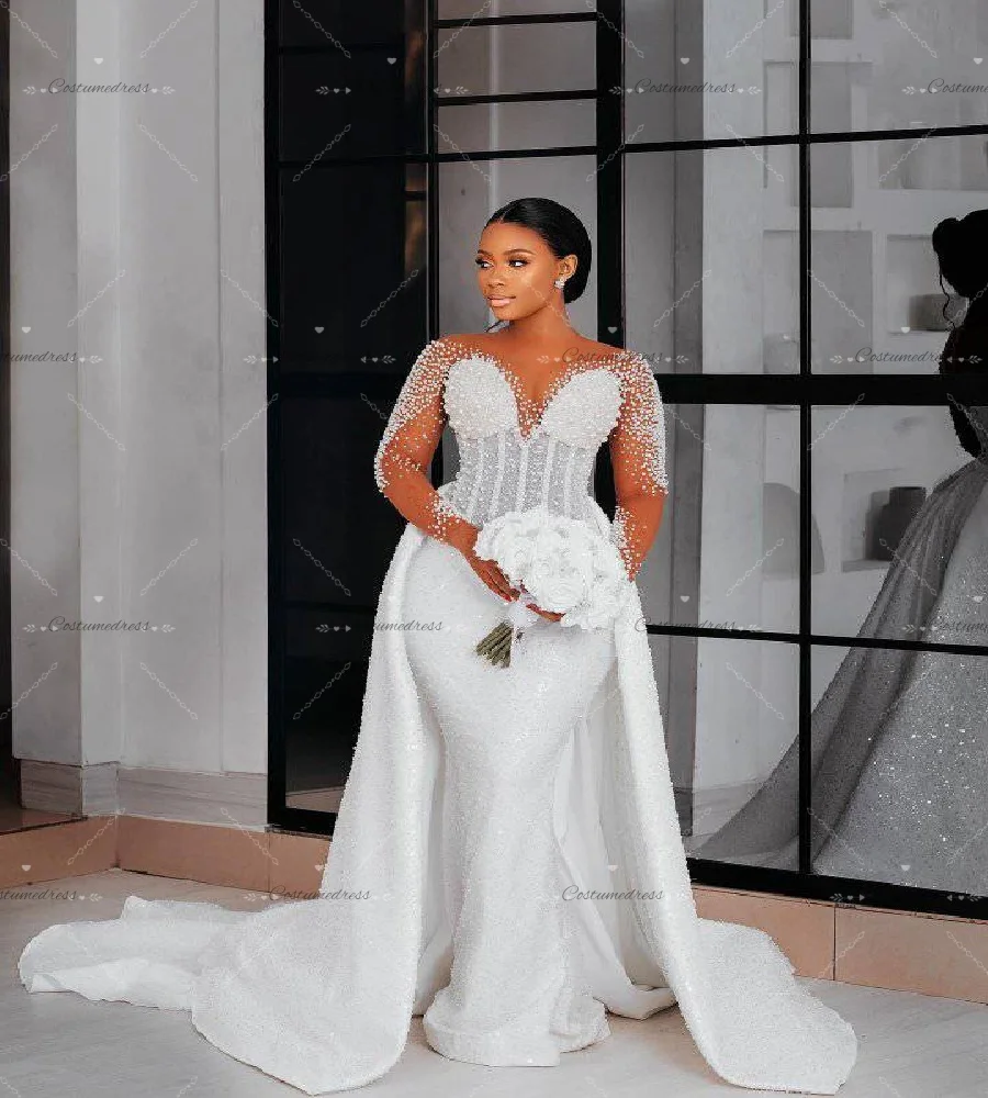 Luxury Sequin Wedding Dress With Detachable Train Long Sleeve Mermaid Princess Pearls Castle Bridal Gowns African Country Bride