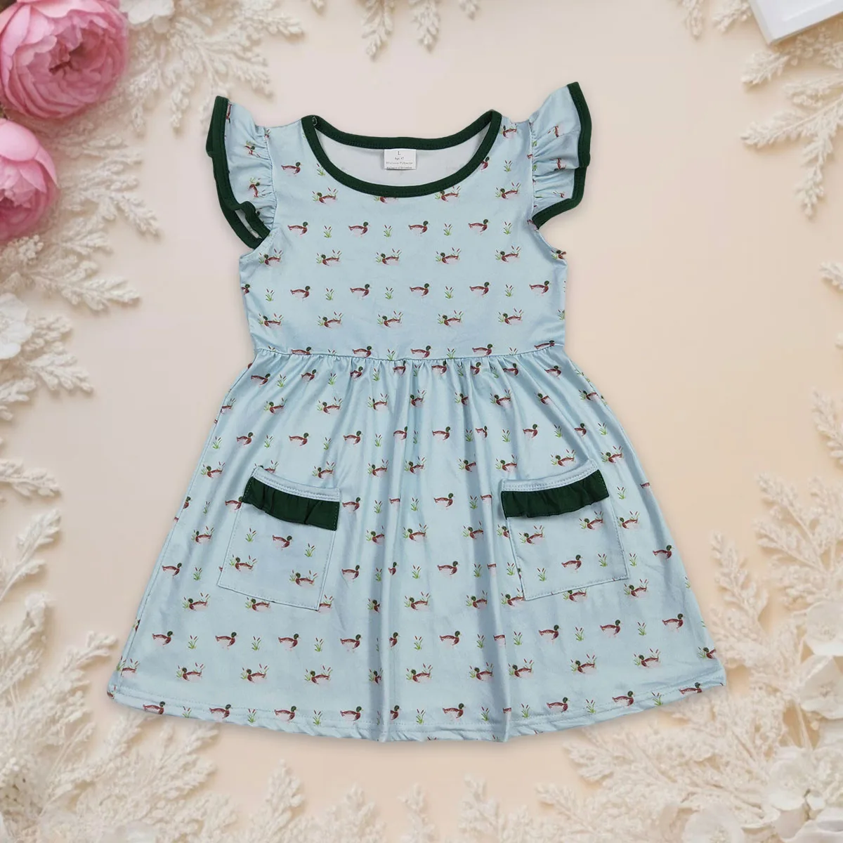 

Baby Girl Flutter Sleeve Ducks Pocket Hunting Sweet Princess Dress Breathable Clothing Cotton Ruffle Knee Length Dresses Clothes