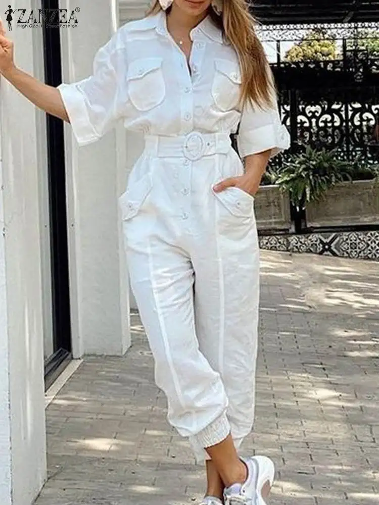 

2024 ZANZEA Summer Fashion Jumpsuits Women Elegant OL Work Overall Long Playsuits Vintage Cargo Pants Solid Short Sleeve Rompers