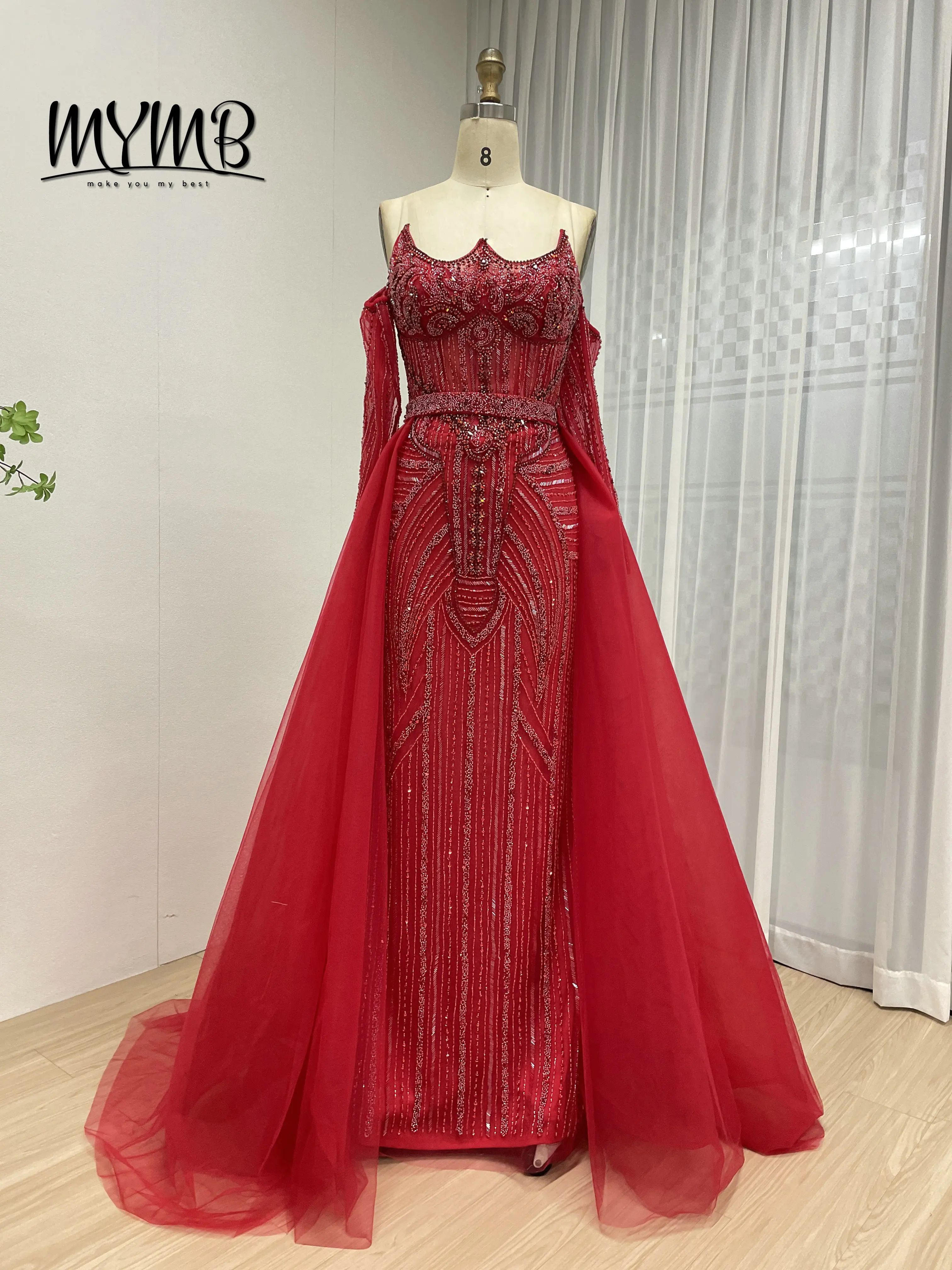 MYMB Luxury Dresses With Intricate Beading Removable Sheer Sleeves and Overskirt High End Celebrity Style Gala Gowns MB40384-2