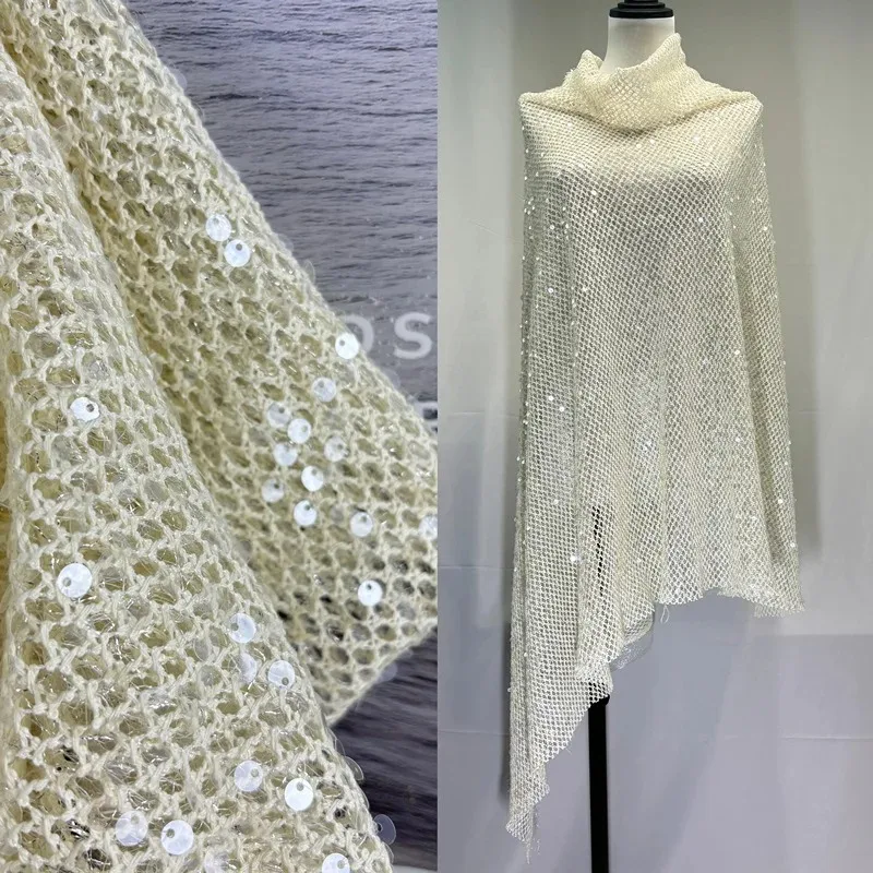 5mm Sequin Embroidered Hollow Cutout Fishnet Fabric Double Layer Sheer Mesh Cloth for Wedding Party Formal Evening Dresses