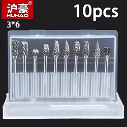 HUHAO 1/10pcsCarbide Rotary Burr Set 3MM Shank Double Cut Carving Burr Bits Die Grinder Drill Bit Metal Engraving Polishing Tool