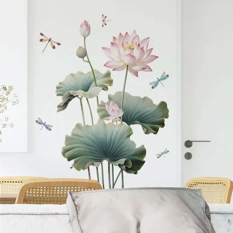 Green Plant Lotus Flower Wall Stickers For Room Decor Aesthetic Wall Decoration Bedroom Accessories Home Decor Plant Wallpaper