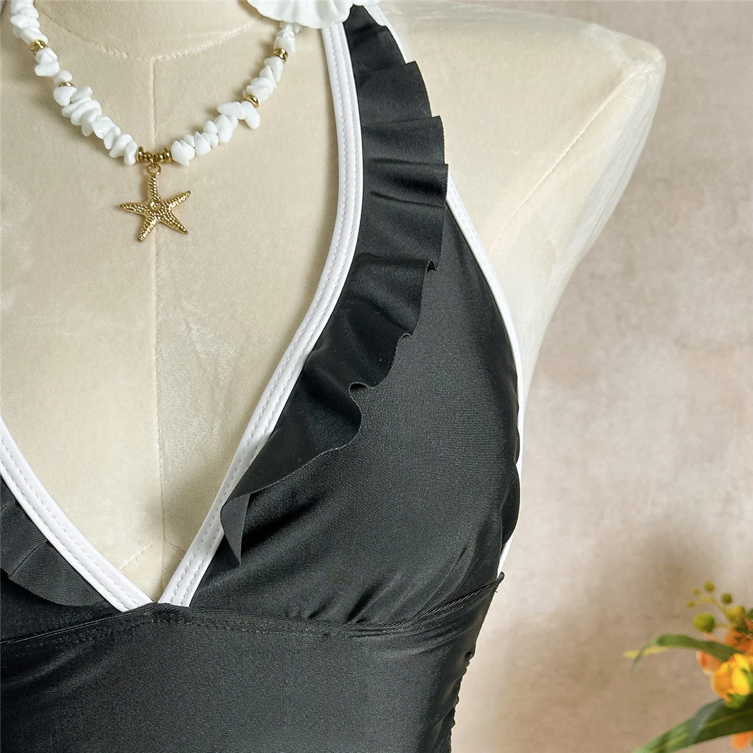 V-Ausschnitt, Neckholder, Rüschen, Damen-Badeanzug, einteiliger Badeanzug, rückenfreier Monokini, gepolsterter Badeanzug, Badebekleidung, Badeanzug V7809 – Detail 10