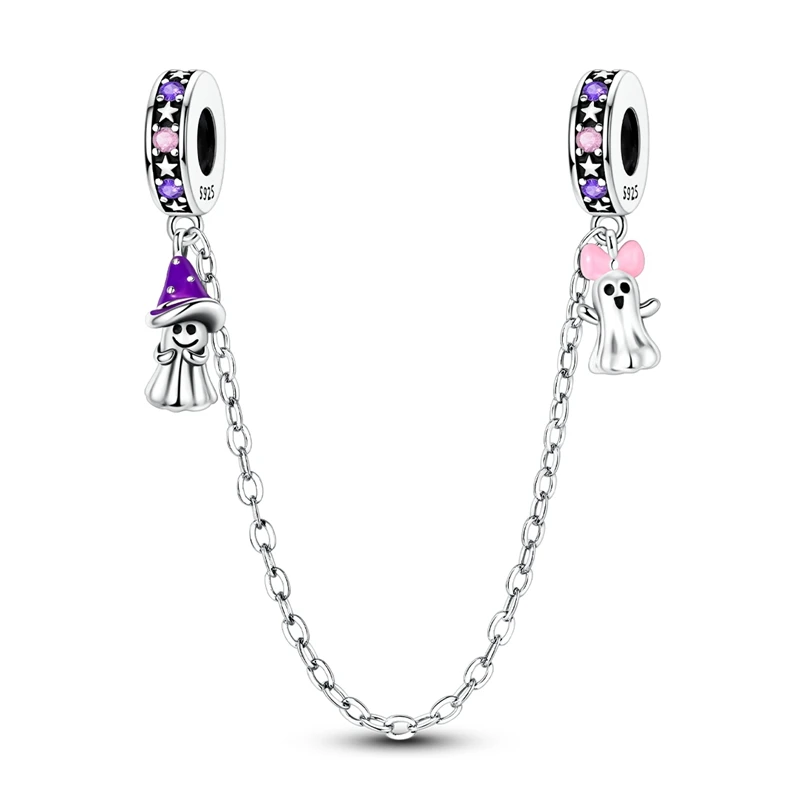 925 Sterling Silver Halloween Glow in the Dark Ghost Safety Chain Witch Hat Anti-Lost Bracelet Chain Fit Bracelet Jewelry Gift