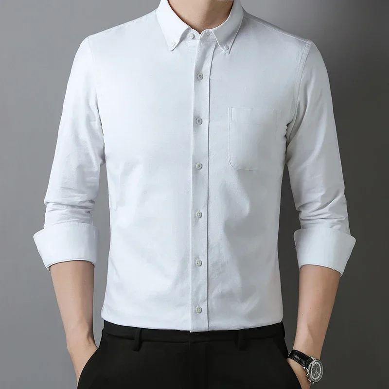 New in shirt 100%cotton oxford long-sleeve shirts for man slim fit formal plain shirt fashion plaid strioed office white clothes