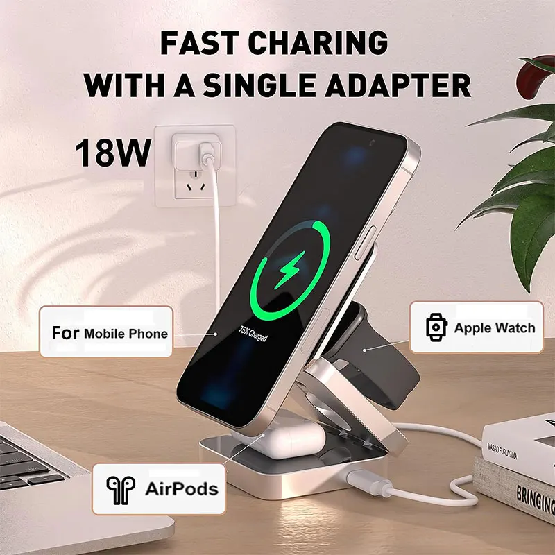 3 in 1 Strong Magnetic Wireless Charger Stand Pad Foldable for iPhone 14 13 12 Apple Watch 8 7 6 AirPods Fast Charging Station