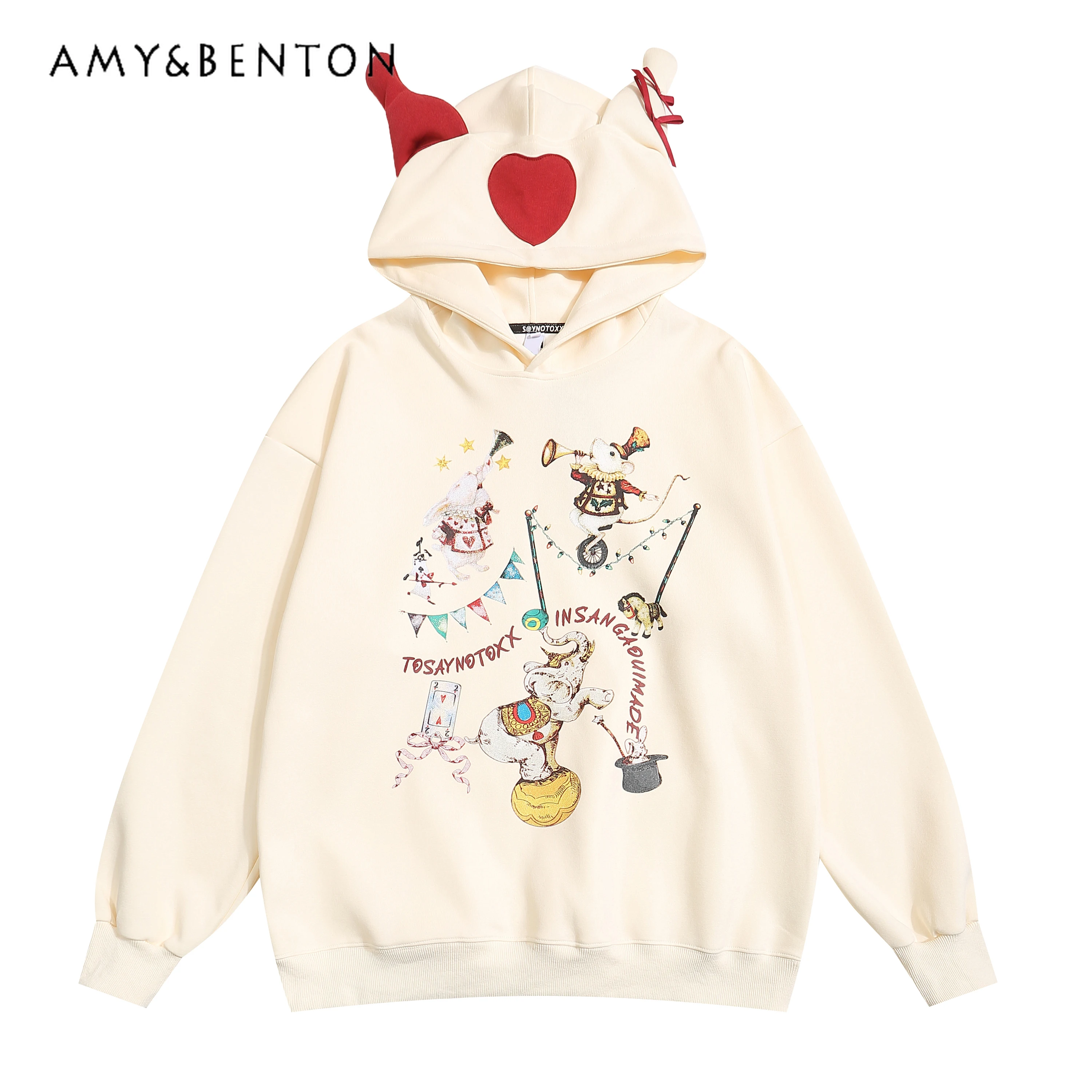 

2025 Spring and Autumn New American Retro Style Fun Cartoon Print Loose Versatile Black and Apricot Hooded Regular Hoodie