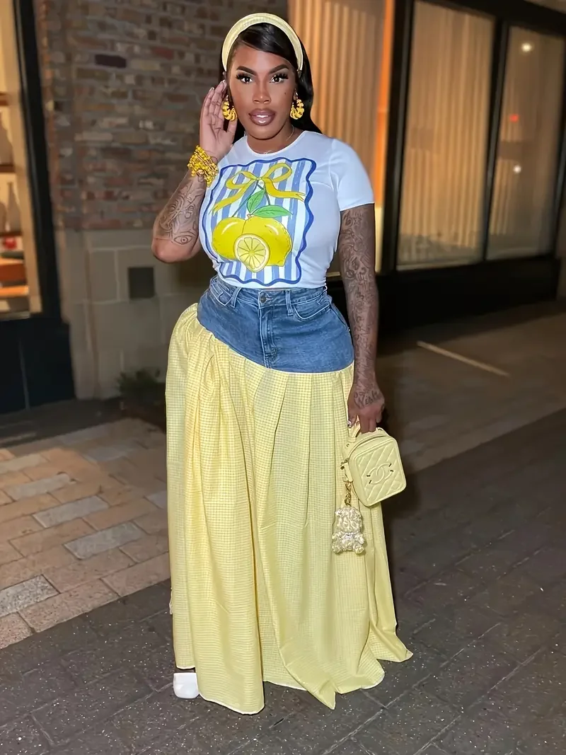 

Женская летняя джинсовая юбка с высоким разрезом, трендовая юбка, желтые/розовые джинсовые брюки с вставками