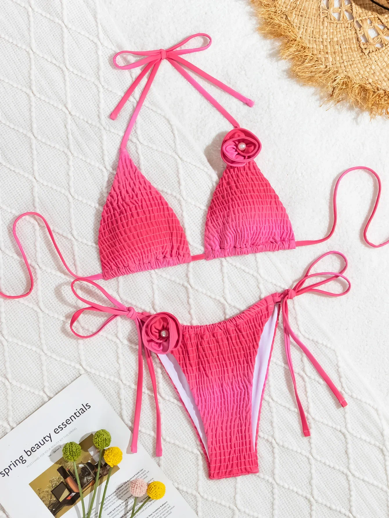 เซ็กซี่ 3D ดอกไม้ ruched Halter String ชุดบิกินี่ 2 ชิ้น Gradient Tie กลับเบาะทองชุดว่ายน้ําหญิงชุดว่ายน้ํา biquini
