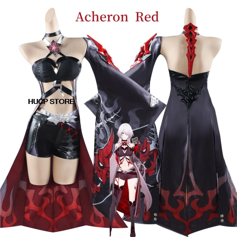 Acheron-Juego de Cosplay Honkai Star Rail Acheron, traje rojo, vestido, peluca, zapatos, conjunto completo, juego de rol, ropa de fiesta de Carnaval para mujer