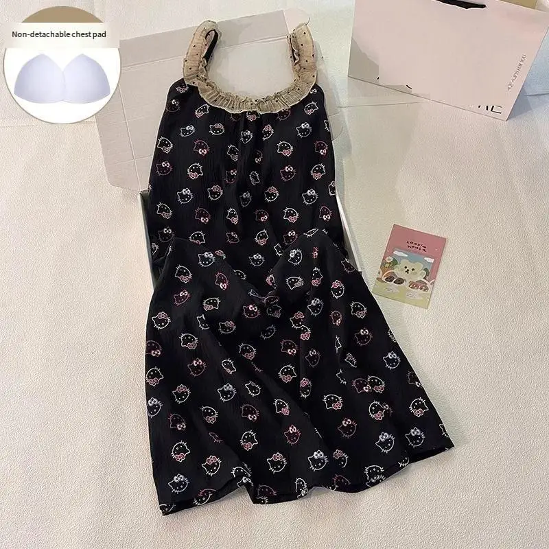 

Пижамное платье принцессы Hello Kitty Sanrio для девочек, кавайная одежда с кружевным ремешком для отдыха, юбка, тонкая летняя одежда, удобная новинка