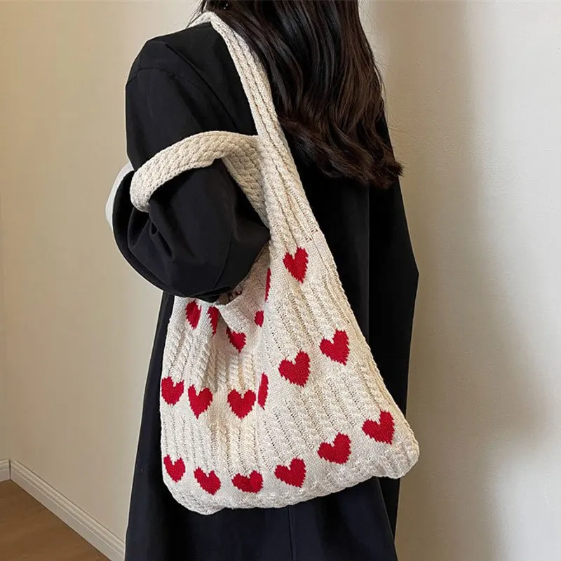 Knitted Handbags Heart Pattern Blocking Crochet Shoulder Bags Large Capacity Fashion Beach Bag Versatile Commute Woven Bag 2024