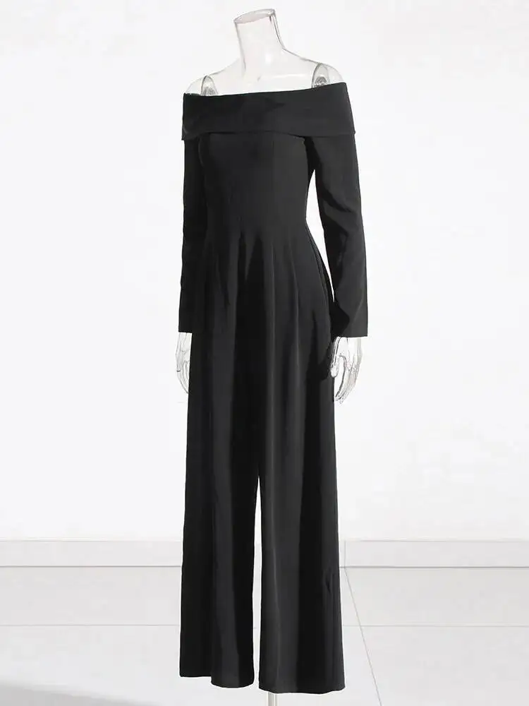 HUISONG-monos con cordones de retazos para mujer, cuello oblicuo, manga larga, cintura alta, pantalón de pierna ancha, mono liso, moda femenina