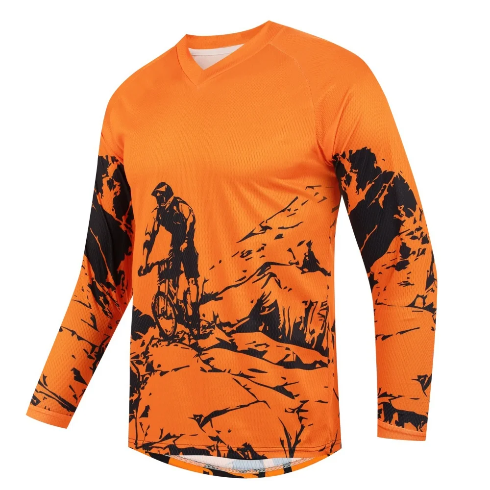 Camiseta Esportiva Masculina de Manga Longa com Estampa de Bicicleta de Montanha, Respirável, Decote em V para Ciclismo e Uso Diário