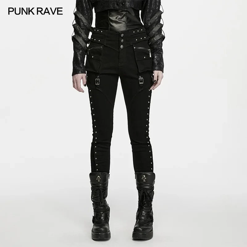 PUNK RAVE Women's Punk Twill Denim Cool High-waisted Slim Pants 3D Pockets Studs Eyelets Personality Dark Trousers