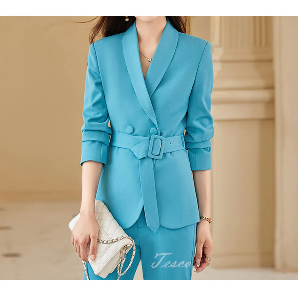 Tesco Women Elegant Suit 2 Piece Solid Blazer With Belt+Pencil Pants Formal Jacket For Office Lady Slim Fit Female Outfits