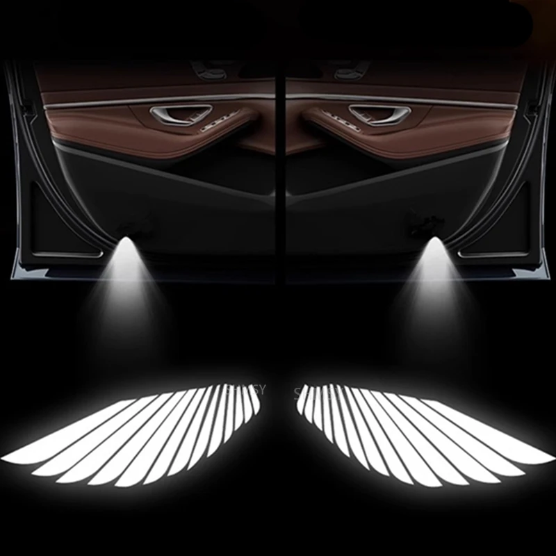 2PCS Angel Wings Carbon Fibre Car Door Welcome Courtesy Shadow Projector Lamp LED Logo Light Auto Accessories Wireless Sensing