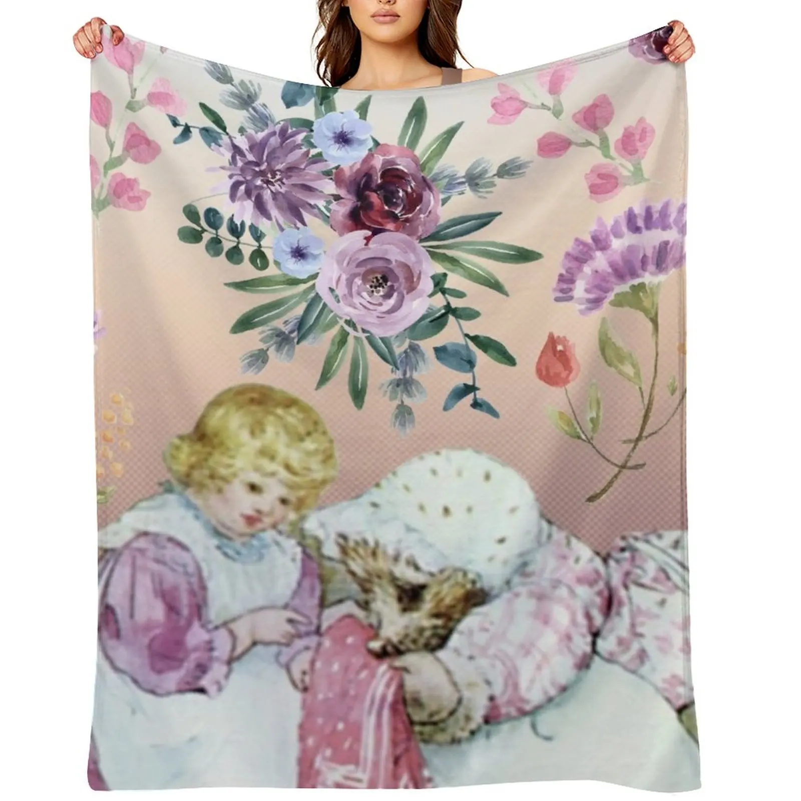 

Mrs. Tiggy Wink and watercolor flowers Throw Blanket Soft Plaid bed plaid Camping Decorative Throw Blankets