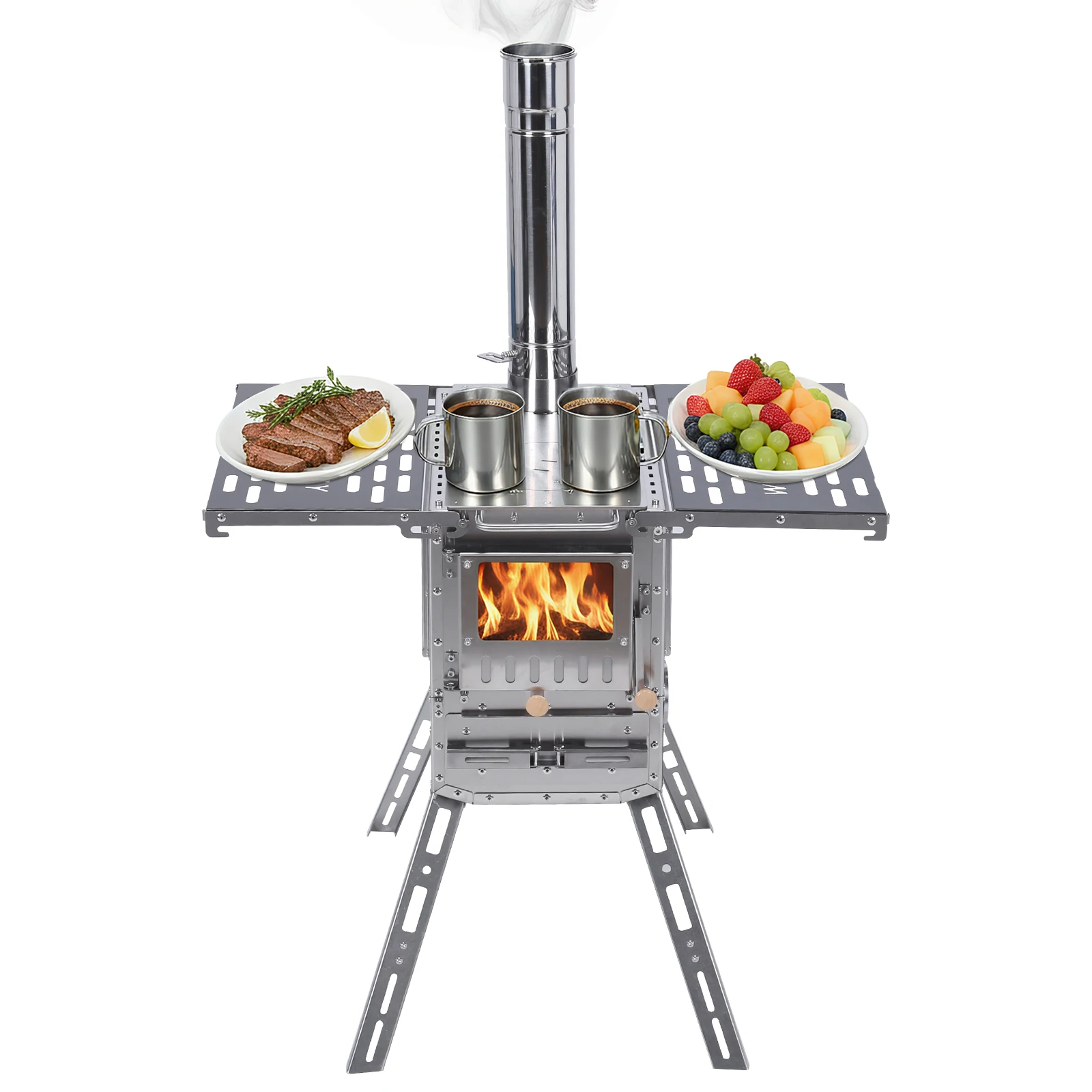 

Camping Stove with Oven & Camping Table with Chimney Pipe Outdoor Firewood Stove Stainless Steel for Heating Cooking Hunting