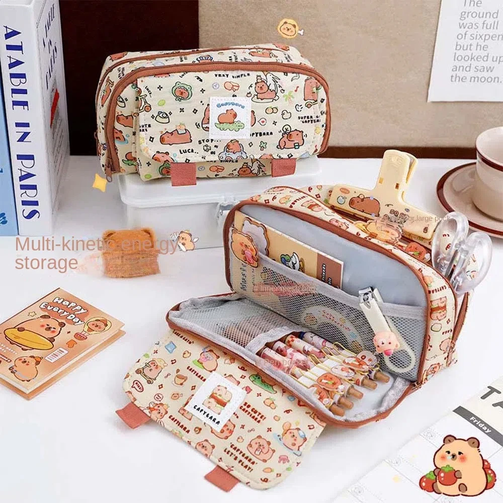 Multi Layer Capybara Canvas Pen Bag Capibala Large Capacity Capybara Pencil Case Animals Cartoon Capibara Plush Pencil Pouch